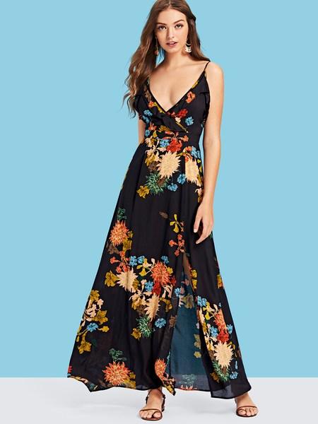 Vestido Cruzado De Tirante De Calicó Ribete Fruncido