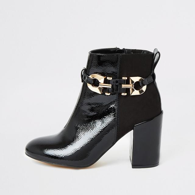 Black Patent Buckle Heeled Ankle Boots 