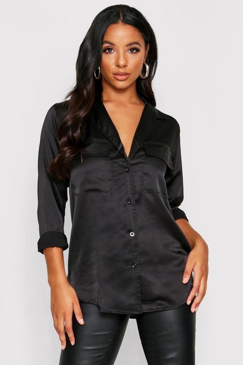 Womens Oversized Satin Utility Shirt Black