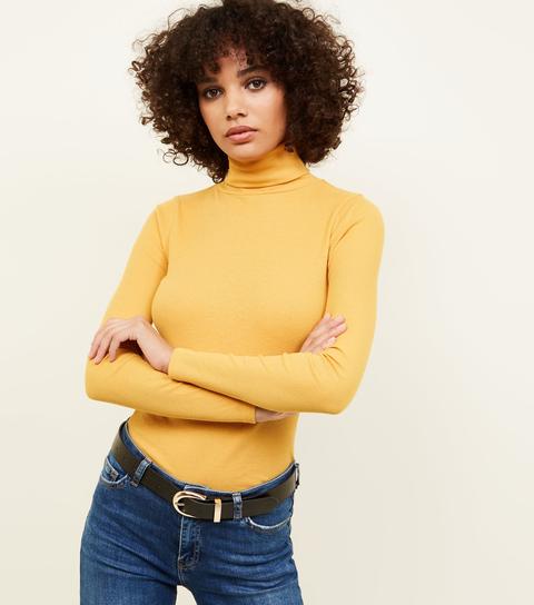 Mustard Ribbed Roll Neck Top New Look