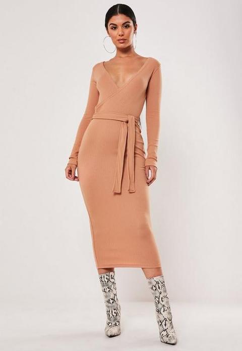 Tan Ribbed Wrap Front Tie Belt Midi Dress, Tan