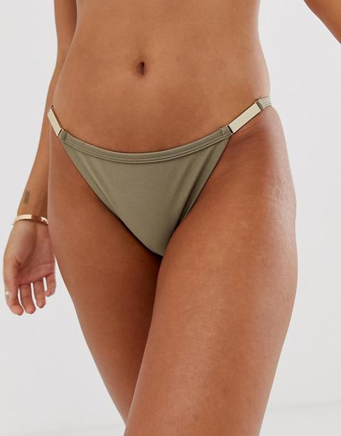 River Island Strappy Bikini Brief With Gold Detail In Khaki