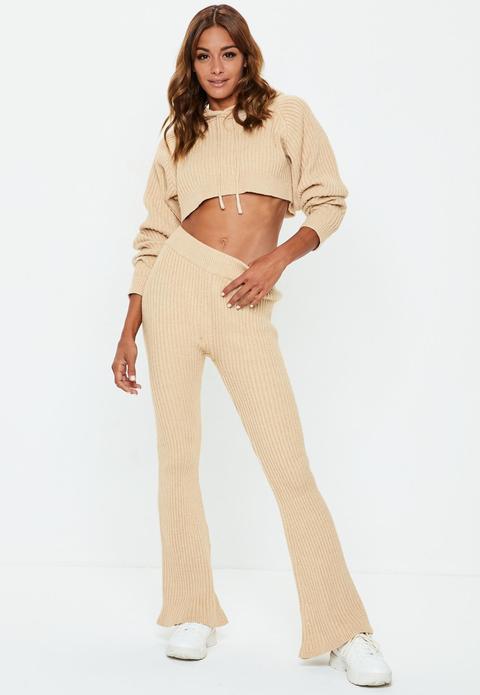 Sand Ribbed Knitted Co Ord Trousers, Sand