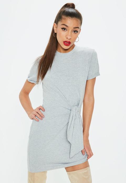 Grey Jersey Round Neck Tie Front Shift Dress, Grey