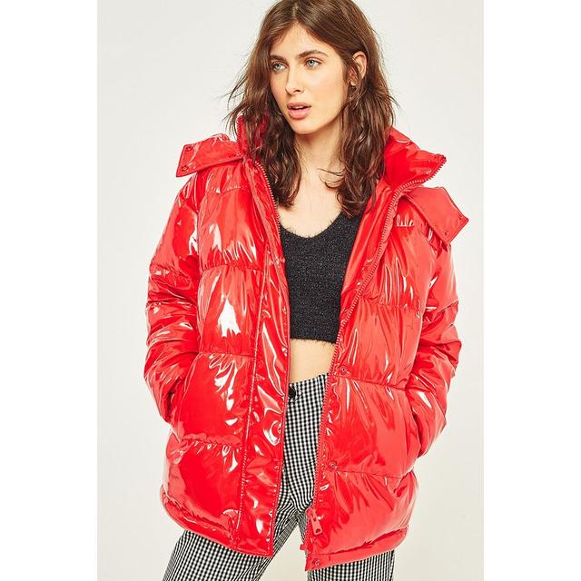 hooded vinyl puffer jacket