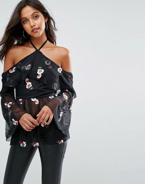 Missguided - Blusa In Chiffon Con Fiori Ricamati - Nero