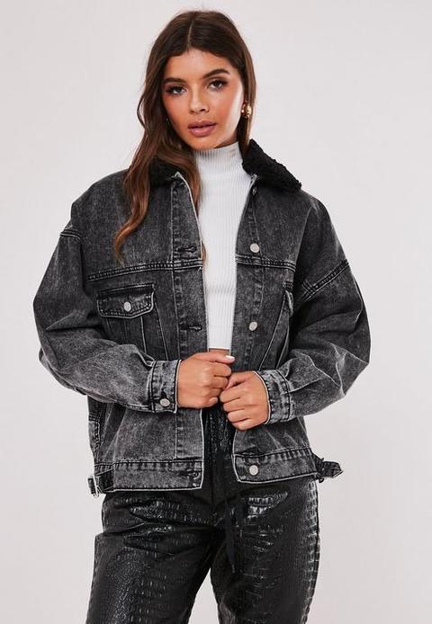 Black 80s Batwing Borg Collar Oversized Denim Jacket, Black