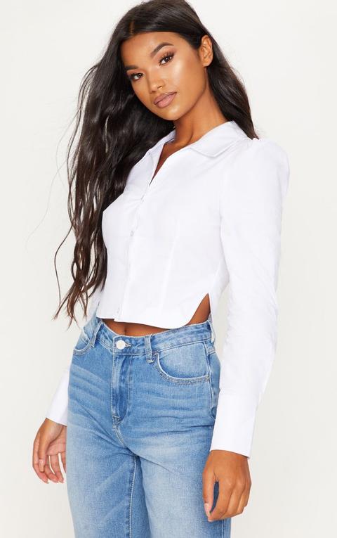 White Fitted Puff Shoulder Crop Shirt