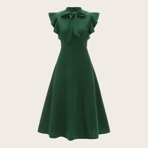 Abiti Volanti Colore Unico Verde Look Vintage