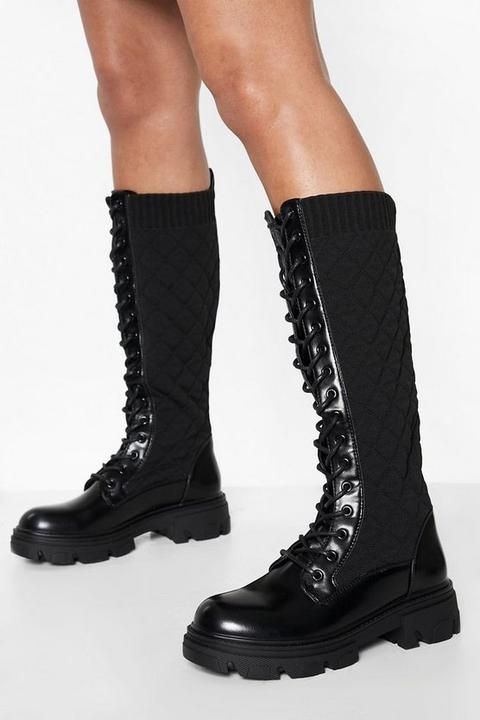 Womens Quilted Lace Detail Knee High Boot - Black - 3, Black