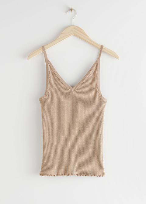Ribbed V-neck Top - Beige