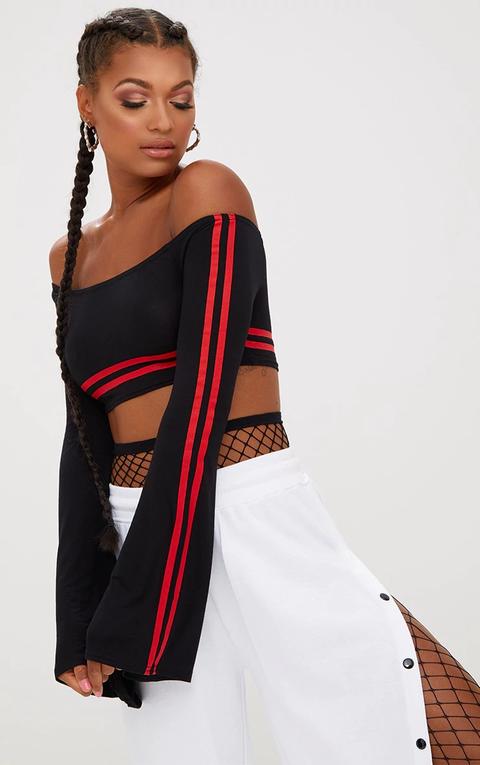 Black Flare Sleeve Stripe Bardot Crop Top