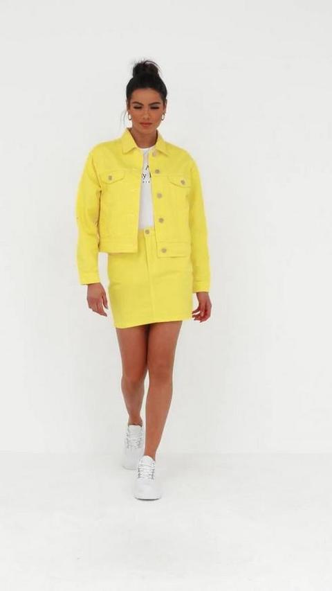 Matching yellow denim shop skirt and jacket