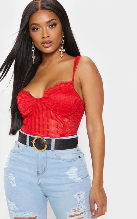 Shape Red Lace Mesh Stripe Bodysuit