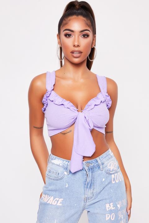 Caitlyn Lilac Ribbed Tie Front Crop Top