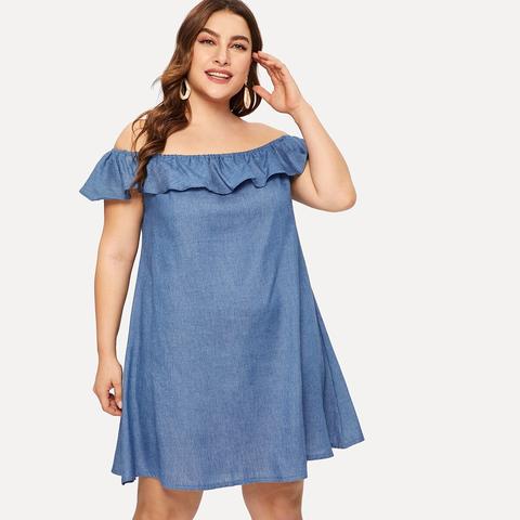 Vestido Denim Ribete Con Volante De Hombros Descubiertos-grande