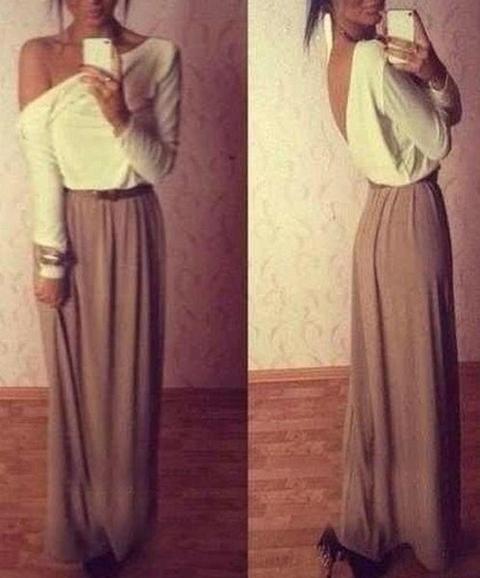 Magliettaito Da Donna Puro Collo Nastro Pieghettato V-back Manica Lunga Cachi