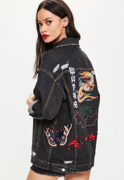 Black Embroidered Oversized Denim Jacket, Black