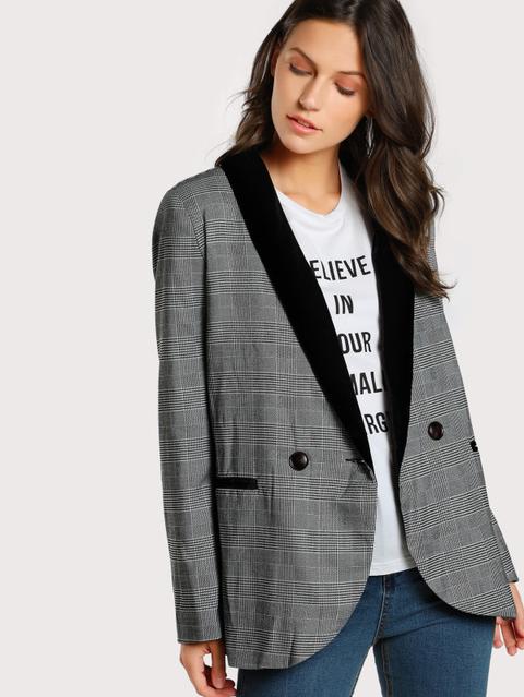 Blazer De Terciopelo Con Cuello Esmoquin De Cuadros