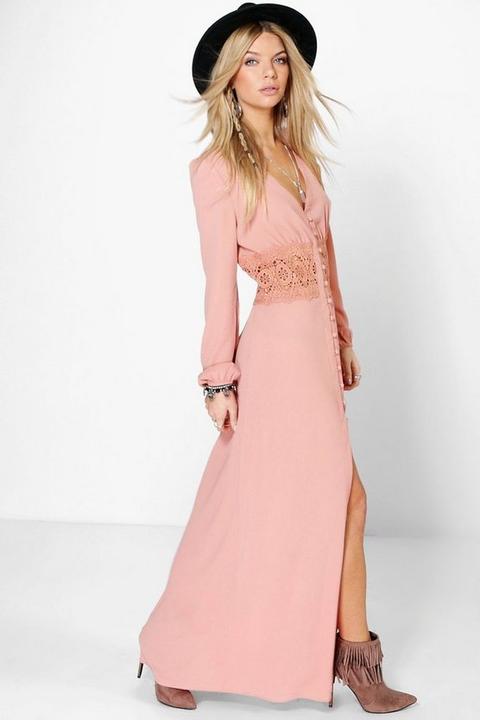 Womens Lace Waist Button Maxi Dress - Pink - 10, Pink