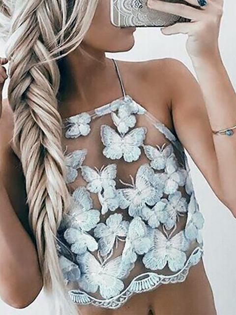 Butterfly Embroidery Sheer Crop Top