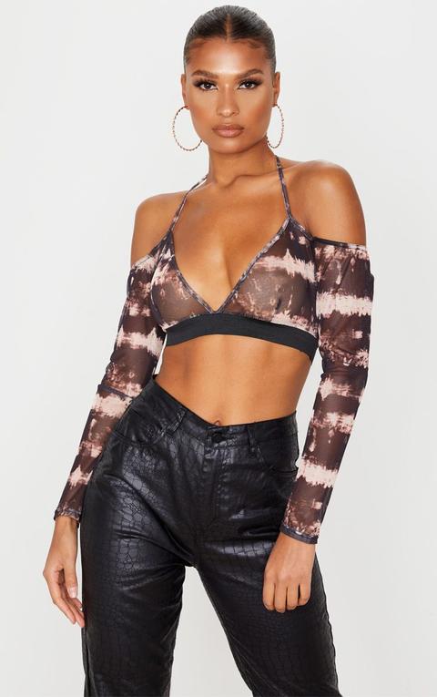 Black Tie Dye Printed Halterneck Cold Shoulder Crop Top