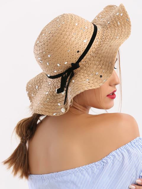 Sequin Detachable Ribbon Bowknot Straw Hat - Coffee