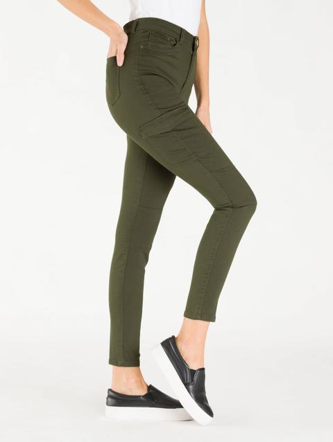 Pantalone Cargo Aderente Con Vita Alta Verde Militare Scuro