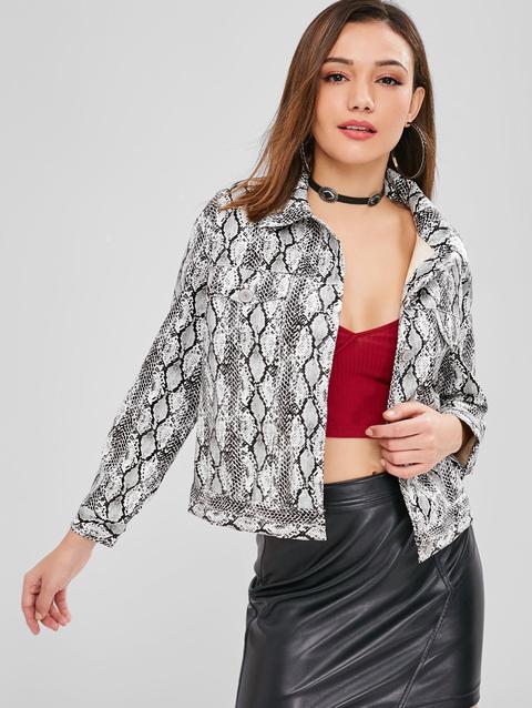 Zaful Buttoned Snakeskin Print Pu Leather Jacket