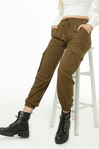 Forever 21 Cargo Drawstring Joggers Olive