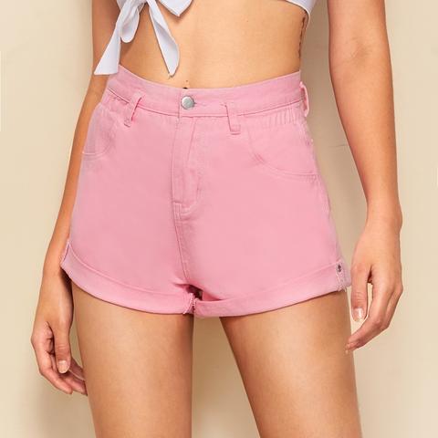 Pink Wash Rolled Hem Denim Shorts