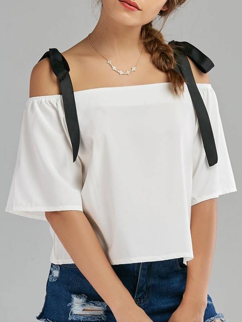 Bowknot Chiffon Cold Shoulder Top - White - Xl