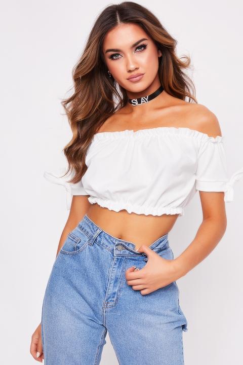 Shelly White Ruched Bardot Crop Top