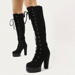 Kadie Lace Up Knee High Platform Boots In Black Faux Suede