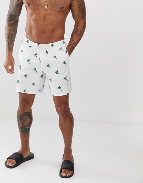 Shorts De Baño De Largo Medio Con Estampado De Palmera Y Florecitas De Asos Design-blanco