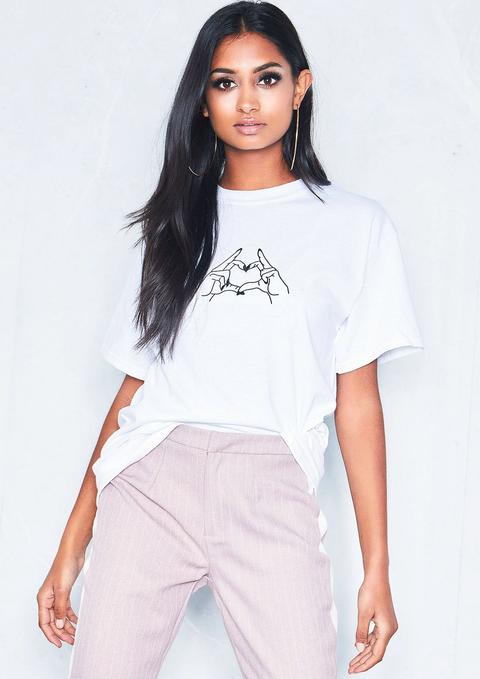 Kristie White Heart Hands Embroidered Oversized T-shirt