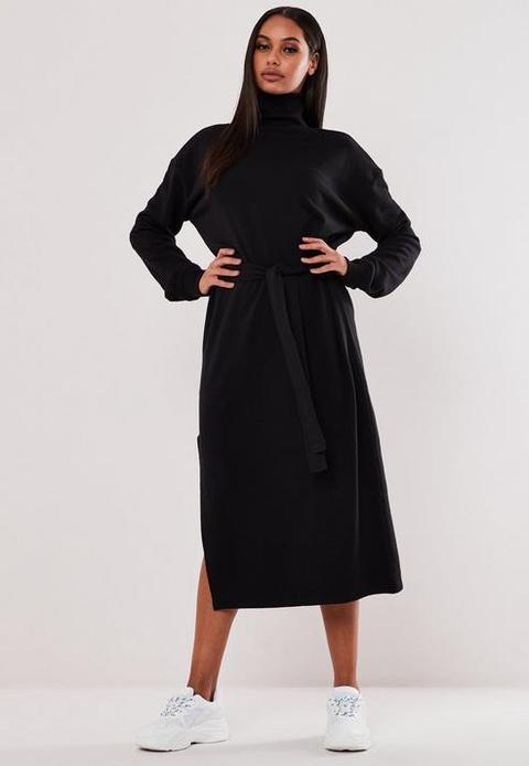 Black High Neck Belted Midi Sweater Dress, Black