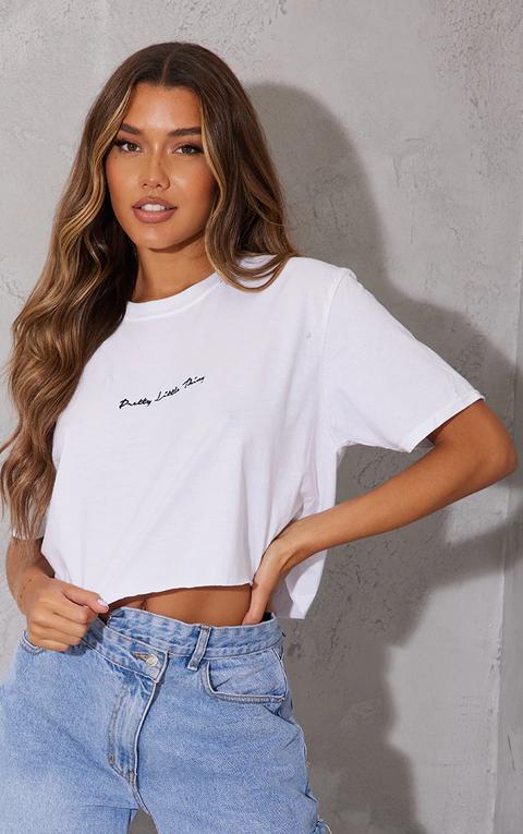 Prettylittlething White Slogan Crop T Shirt