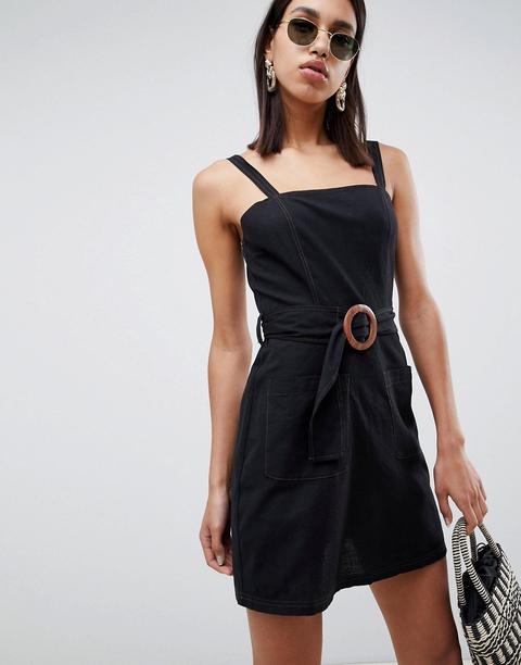 Asos Design Square Neck Linen Mini Sundress With Wooden Buckle & Contrast Stitch