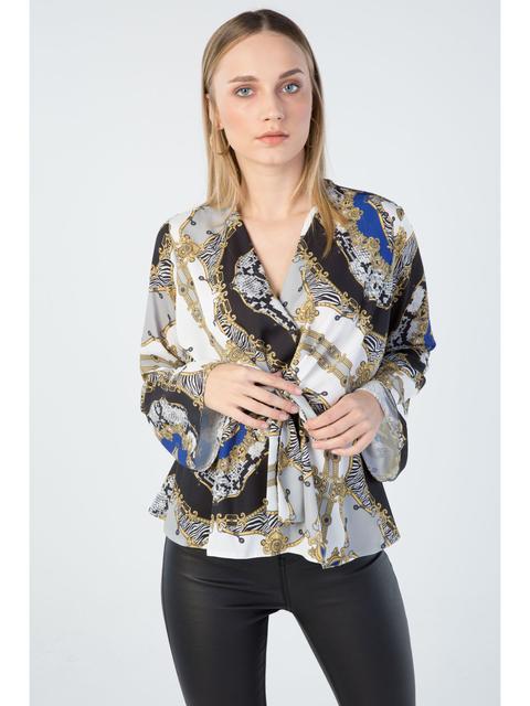 Cobalt Blue Chain Baroque Tie Front Wrap Blouse