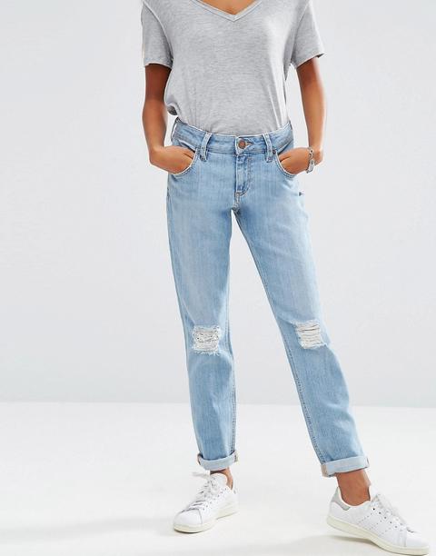 Asos - Kimmi - Boyfriend Jeans Stretti Con Lavaggio Esme Stonewash Blu Medio E Strappi - Blu