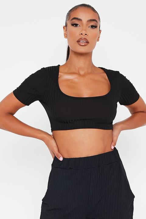 Black Basic Ribbed Scoop Neck Short Sleeve Crop Top