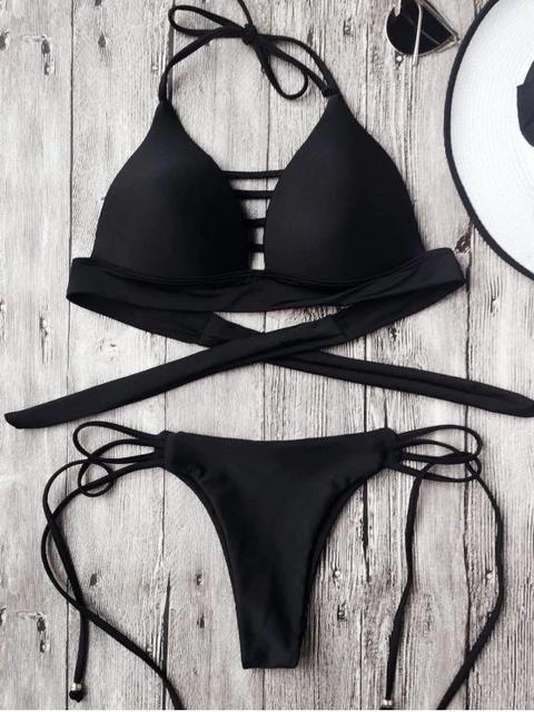 Traje De Bikini Con Thong Con Brasier Moldeado Con Nudo Black