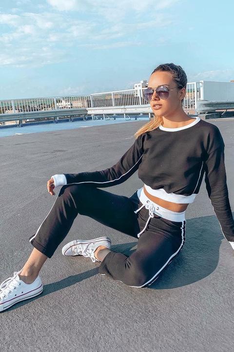 Black And White Side Stripe Sweatshirt And Jogger Set - Miliany