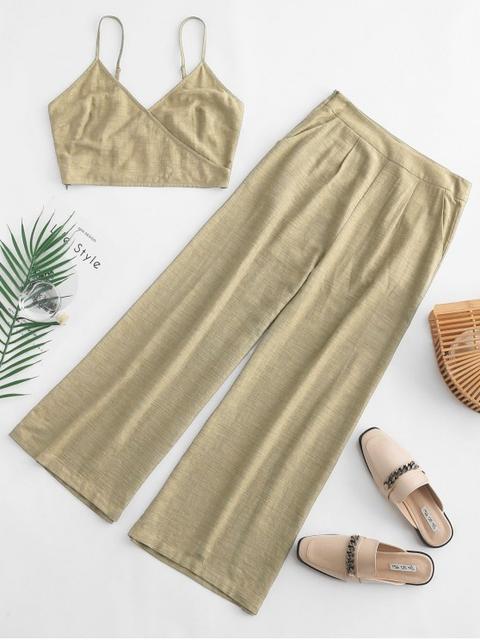 Zaful Cami Bolsillo Pantalones Rectos Conjunto Lemon Chiffon