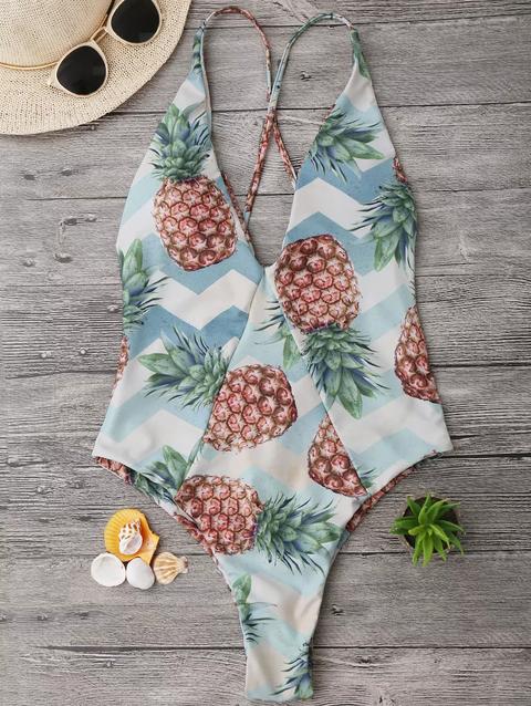 Costume Da Bagno Incrociato Stampa Ananas Con Taglio Alto Colormix