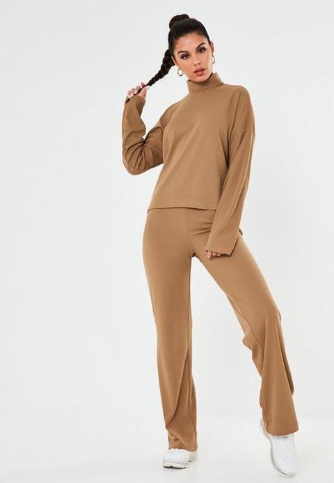 Camel Co Ord Ribbed Wide Leg Trousers 