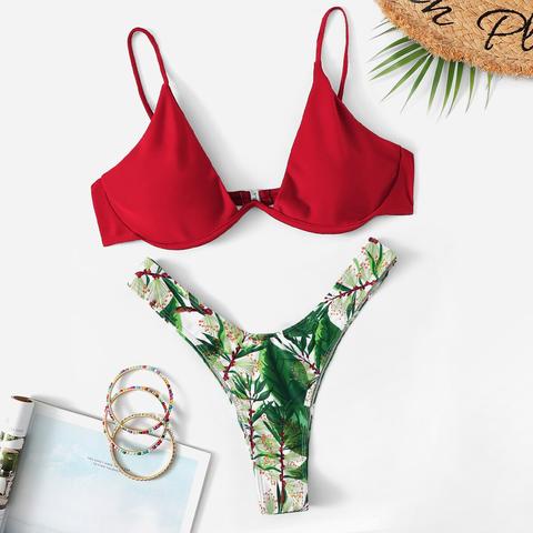 Top Con Aro Con Bikini Cortado Alto Con Estampado De Hoja Al Azar