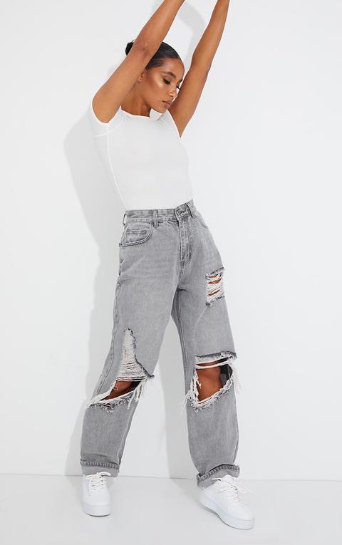 Prettylittlething Washed Grey Open Knee Ripped Turn Up Boyfriend Jeans