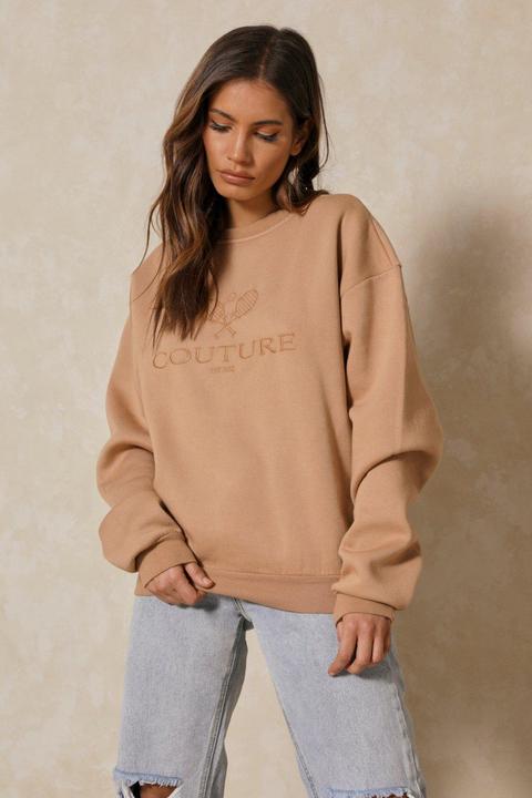 Womens Couture Embroidered Sweatshirt Camel